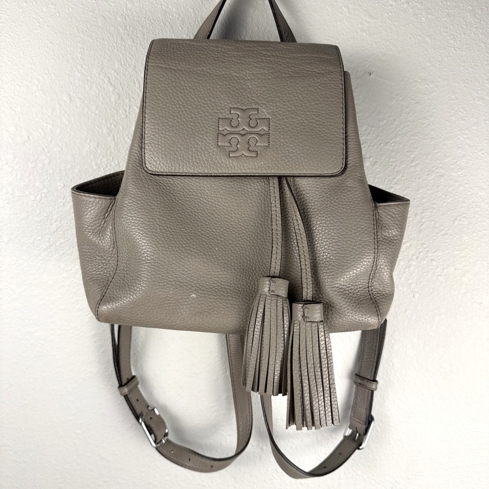 Tory Burch Thea Mini Leather Tassel Backpack French Gray Pebbled Leather TLC